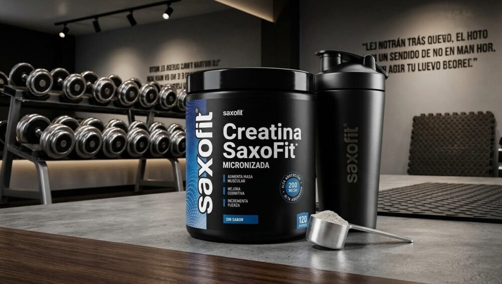 Frasco de Creatina SaxoFit monohidratada junto a un shaker sobre fondo de gimnasio en Bulk Point Cuenca
