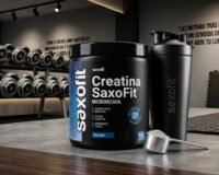 Frasco de Creatina SaxoFit monohidratada junto a un shaker sobre fondo de gimnasio en Bulk Point Cuenca